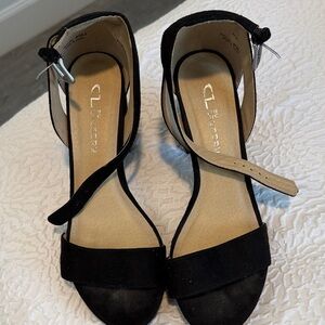 CL by Laundry Black Suede Ankle-Strap Heels